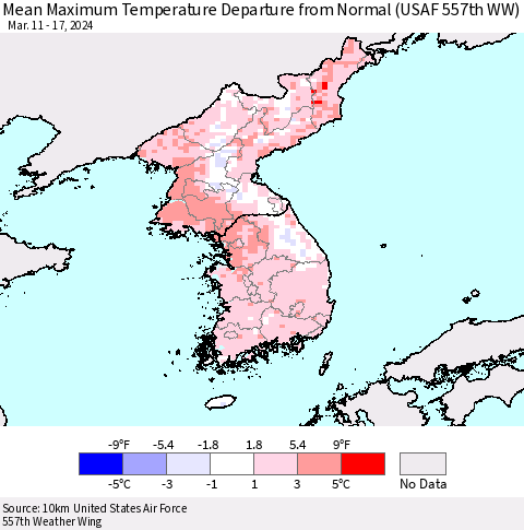 Korea Mean Maximum Temperature Departure from Normal (USAF 557th WW) Thematic Map For 3/11/2024 - 3/17/2024