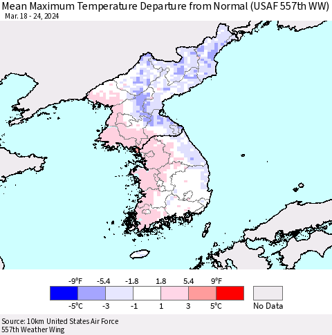 Korea Mean Maximum Temperature Departure from Normal (USAF 557th WW) Thematic Map For 3/18/2024 - 3/24/2024