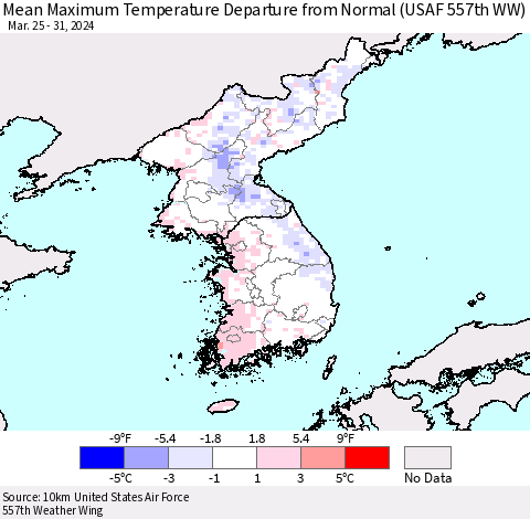 Korea Mean Maximum Temperature Departure from Normal (USAF 557th WW) Thematic Map For 3/25/2024 - 3/31/2024
