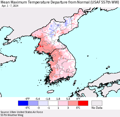 Korea Mean Maximum Temperature Departure from Normal (USAF 557th WW) Thematic Map For 4/1/2024 - 4/7/2024