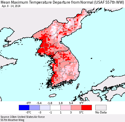 Korea Mean Maximum Temperature Departure from Normal (USAF 557th WW) Thematic Map For 4/8/2024 - 4/14/2024