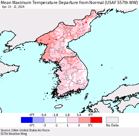 Korea Mean Maximum Temperature Departure from Normal (USAF 557th WW) Thematic Map For 4/15/2024 - 4/21/2024