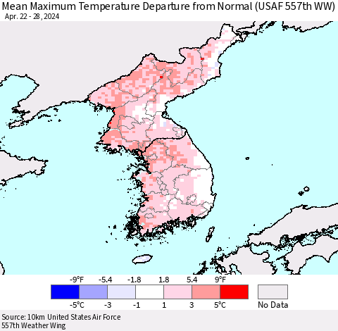 Korea Mean Maximum Temperature Departure from Normal (USAF 557th WW) Thematic Map For 4/22/2024 - 4/28/2024