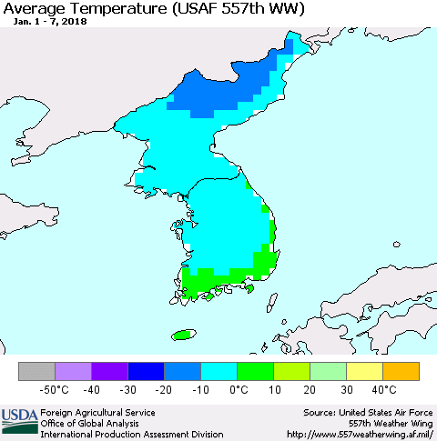 Korea Average Temperature (USAF 557th WW) Thematic Map For 1/1/2018 - 1/7/2018