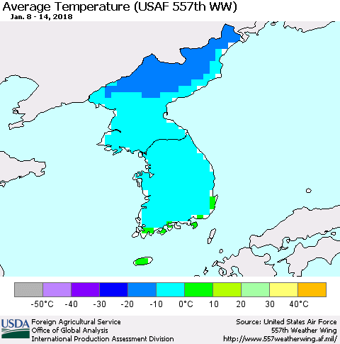 Korea Average Temperature (USAF 557th WW) Thematic Map For 1/8/2018 - 1/14/2018
