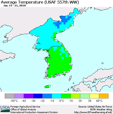 Korea Average Temperature (USAF 557th WW) Thematic Map For 1/15/2018 - 1/21/2018