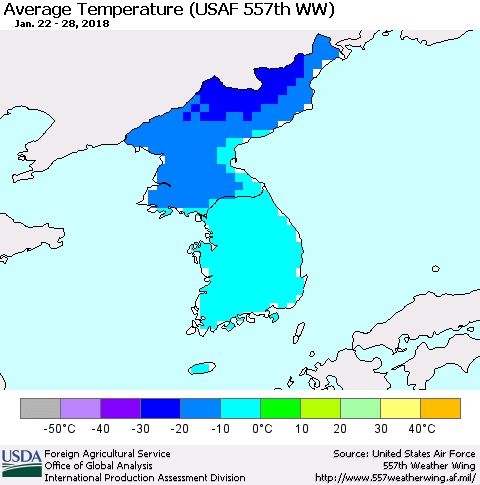 Korea Average Temperature (USAF 557th WW) Thematic Map For 1/22/2018 - 1/28/2018