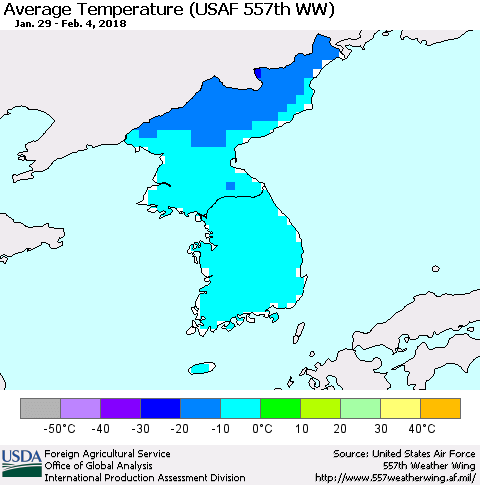 Korea Average Temperature (USAF 557th WW) Thematic Map For 1/29/2018 - 2/4/2018