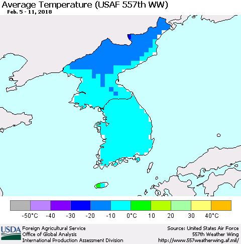 Korea Average Temperature (USAF 557th WW) Thematic Map For 2/5/2018 - 2/11/2018