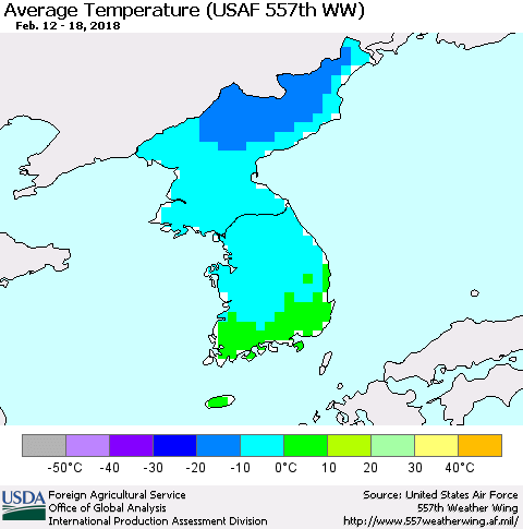 Korea Average Temperature (USAF 557th WW) Thematic Map For 2/12/2018 - 2/18/2018