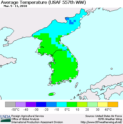 Korea Average Temperature (USAF 557th WW) Thematic Map For 3/5/2018 - 3/11/2018