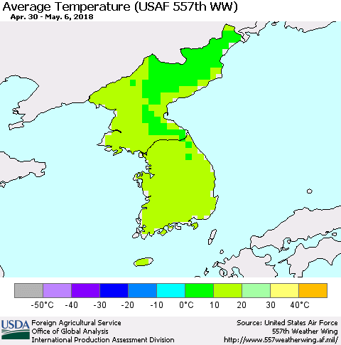 Korea Average Temperature (USAF 557th WW) Thematic Map For 4/30/2018 - 5/6/2018