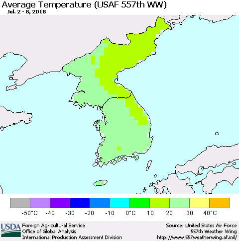 Korea Average Temperature (USAF 557th WW) Thematic Map For 7/2/2018 - 7/8/2018
