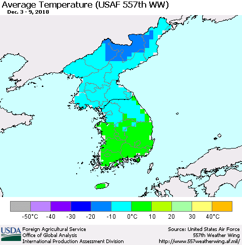Korea Average Temperature (USAF 557th WW) Thematic Map For 12/3/2018 - 12/9/2018
