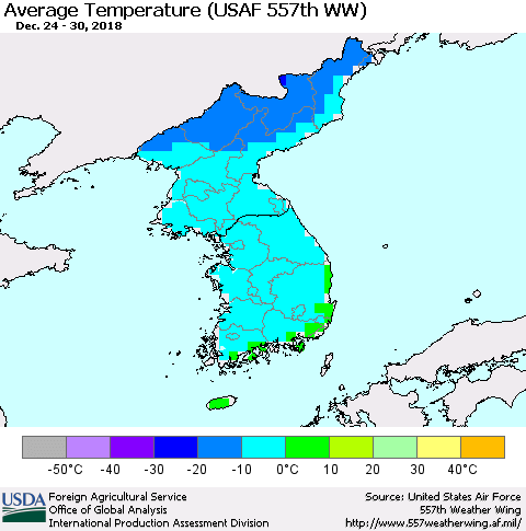 Korea Average Temperature (USAF 557th WW) Thematic Map For 12/24/2018 - 12/30/2018