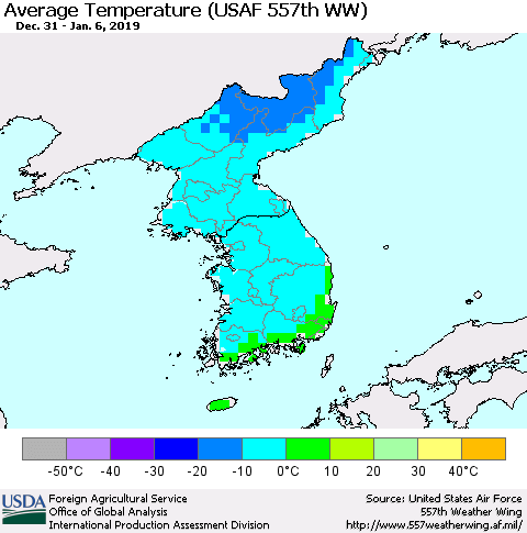 Korea Average Temperature (USAF 557th WW) Thematic Map For 12/31/2018 - 1/6/2019