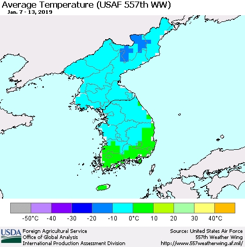 Korea Average Temperature (USAF 557th WW) Thematic Map For 1/7/2019 - 1/13/2019