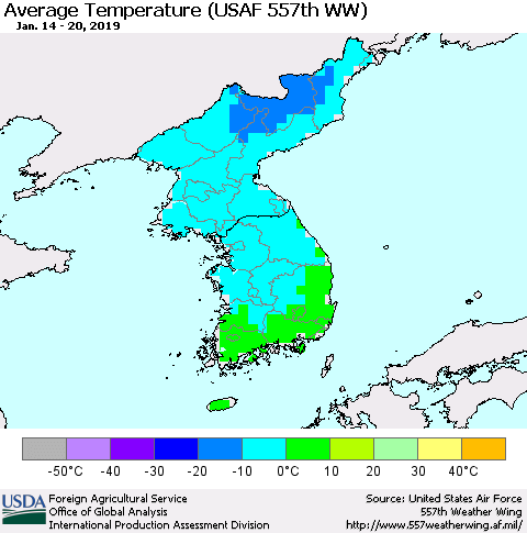 Korea Average Temperature (USAF 557th WW) Thematic Map For 1/14/2019 - 1/20/2019