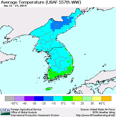 Korea Average Temperature (USAF 557th WW) Thematic Map For 1/21/2019 - 1/27/2019