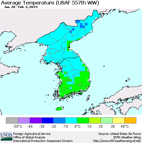 Korea Average Temperature (USAF 557th WW) Thematic Map For 1/28/2019 - 2/3/2019