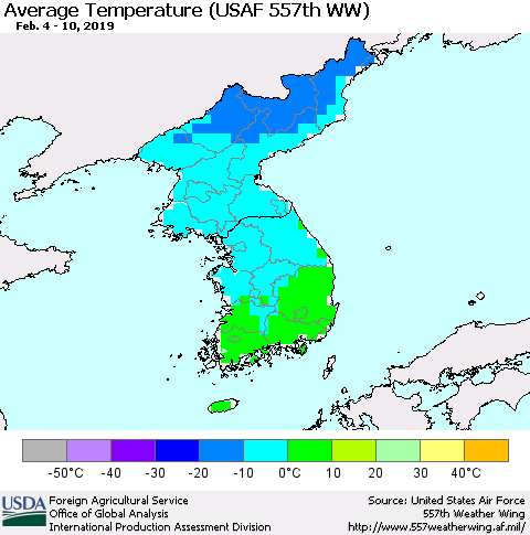 Korea Average Temperature (USAF 557th WW) Thematic Map For 2/4/2019 - 2/10/2019