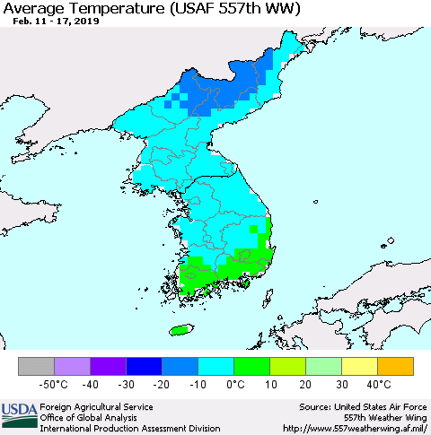 Korea Average Temperature (USAF 557th WW) Thematic Map For 2/11/2019 - 2/17/2019