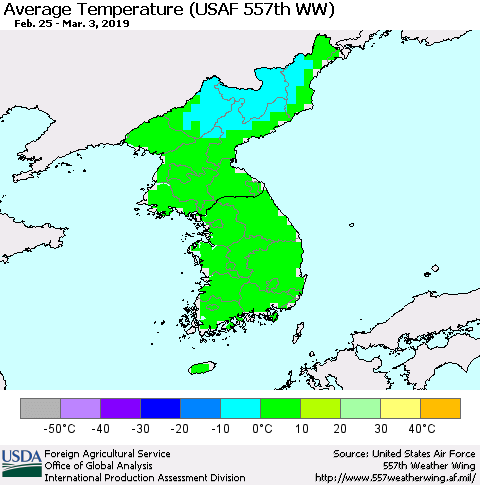Korea Average Temperature (USAF 557th WW) Thematic Map For 2/25/2019 - 3/3/2019