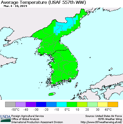 Korea Average Temperature (USAF 557th WW) Thematic Map For 3/4/2019 - 3/10/2019