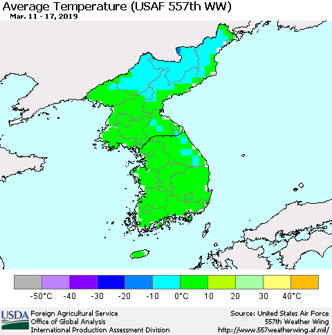 Korea Average Temperature (USAF 557th WW) Thematic Map For 3/11/2019 - 3/17/2019