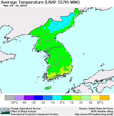 Korea Average Temperature (USAF 557th WW) Thematic Map For 3/25/2019 - 3/31/2019