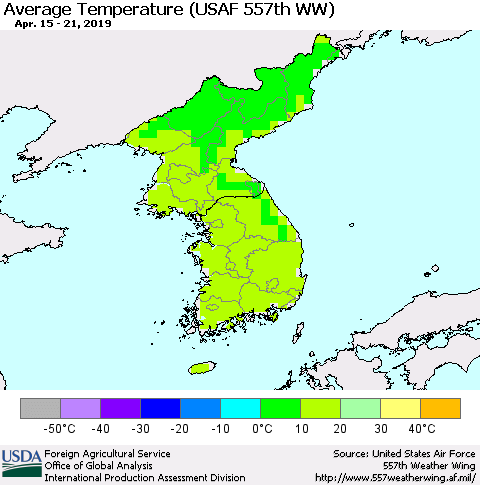 Korea Average Temperature (USAF 557th WW) Thematic Map For 4/15/2019 - 4/21/2019