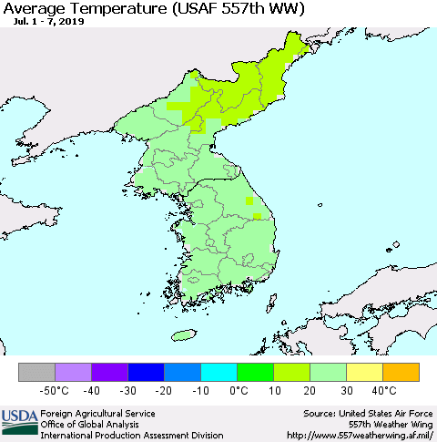Korea Average Temperature (USAF 557th WW) Thematic Map For 7/1/2019 - 7/7/2019