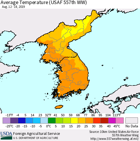 Korea Average Temperature (USAF 557th WW) Thematic Map For 8/12/2019 - 8/18/2019