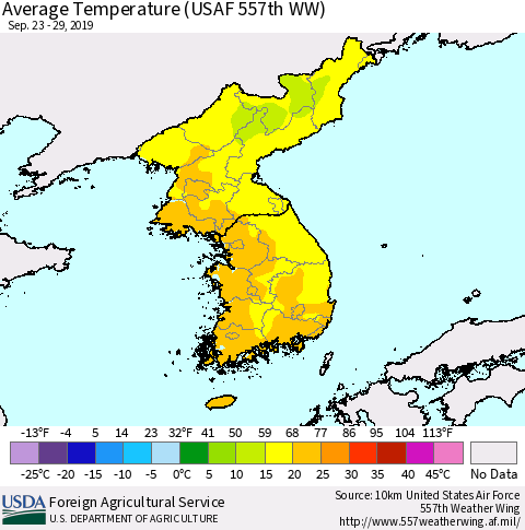 Korea Average Temperature (USAF 557th WW) Thematic Map For 9/23/2019 - 9/29/2019