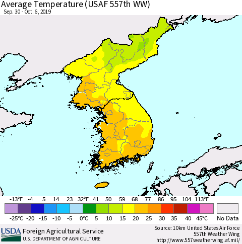 Korea Average Temperature (USAF 557th WW) Thematic Map For 9/30/2019 - 10/6/2019