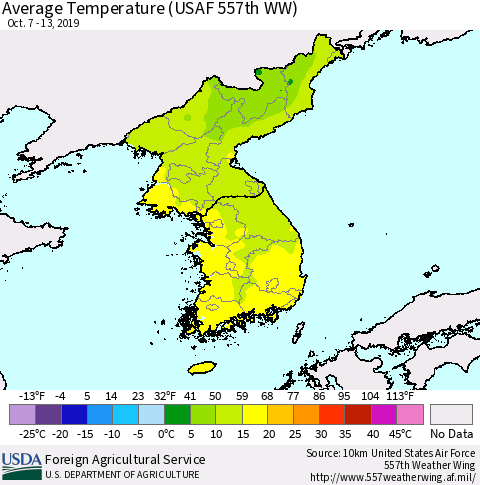 Korea Average Temperature (USAF 557th WW) Thematic Map For 10/7/2019 - 10/13/2019