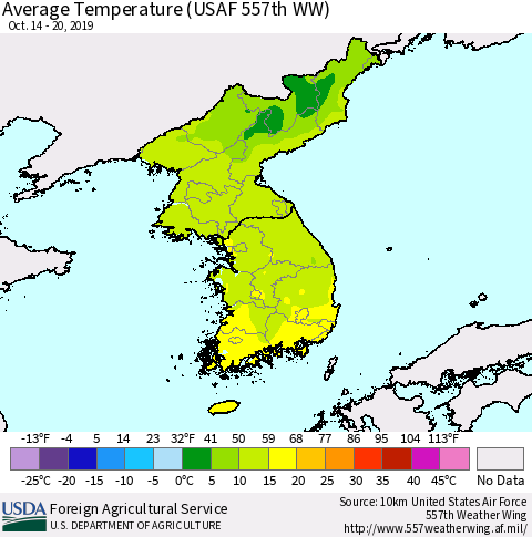 Korea Average Temperature (USAF 557th WW) Thematic Map For 10/14/2019 - 10/20/2019