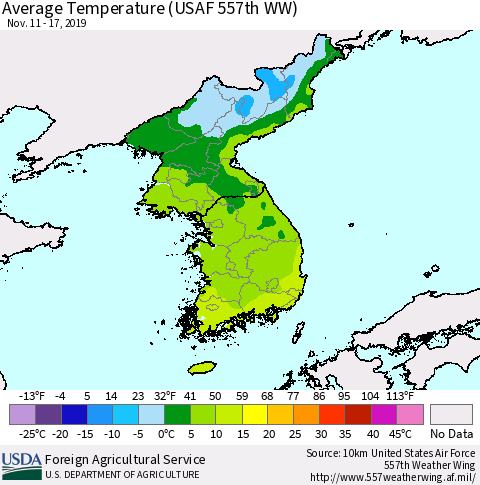 Korea Average Temperature (USAF 557th WW) Thematic Map For 11/11/2019 - 11/17/2019