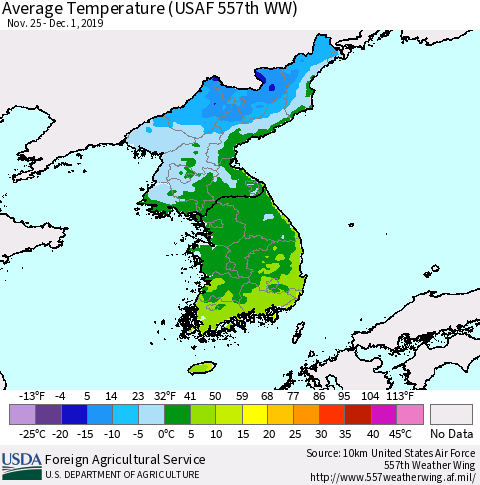 Korea Average Temperature (USAF 557th WW) Thematic Map For 11/25/2019 - 12/1/2019