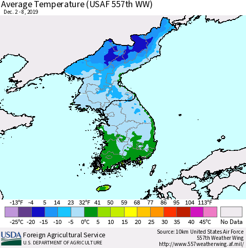 Korea Average Temperature (USAF 557th WW) Thematic Map For 12/2/2019 - 12/8/2019