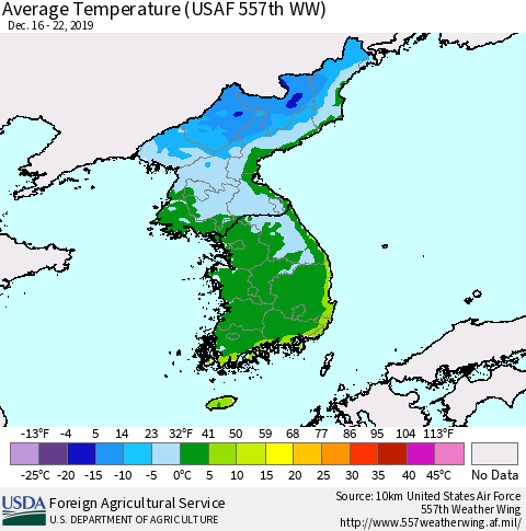 Korea Average Temperature (USAF 557th WW) Thematic Map For 12/16/2019 - 12/22/2019
