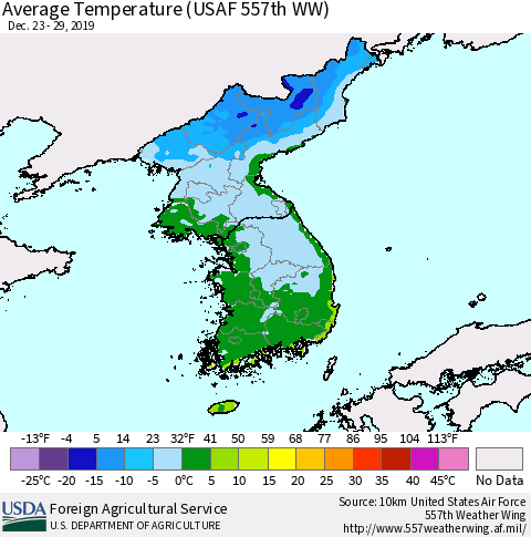 Korea Average Temperature (USAF 557th WW) Thematic Map For 12/23/2019 - 12/29/2019