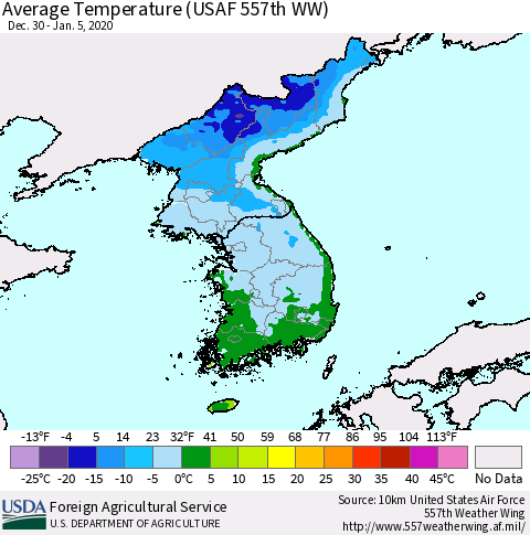 Korea Average Temperature (USAF 557th WW) Thematic Map For 12/30/2019 - 1/5/2020
