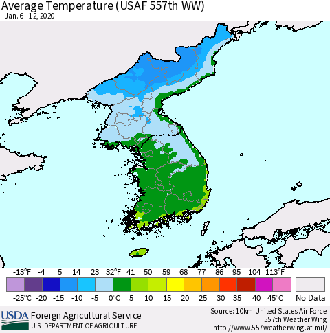 Korea Average Temperature (USAF 557th WW) Thematic Map For 1/6/2020 - 1/12/2020