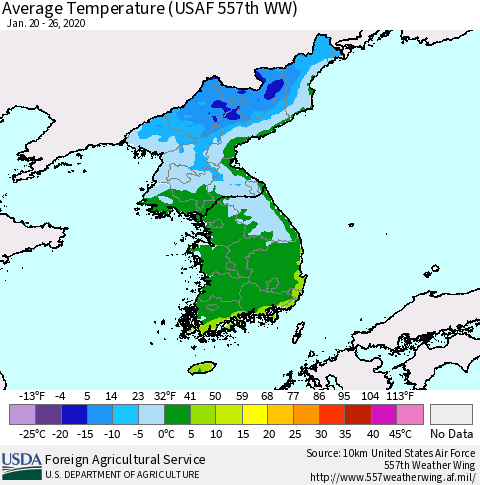 Korea Average Temperature (USAF 557th WW) Thematic Map For 1/20/2020 - 1/26/2020