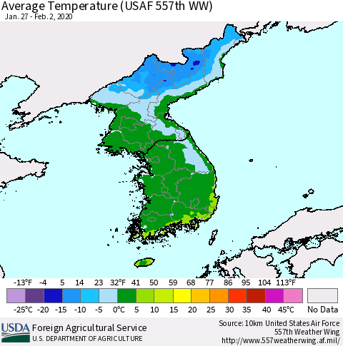 Korea Average Temperature (USAF 557th WW) Thematic Map For 1/27/2020 - 2/2/2020