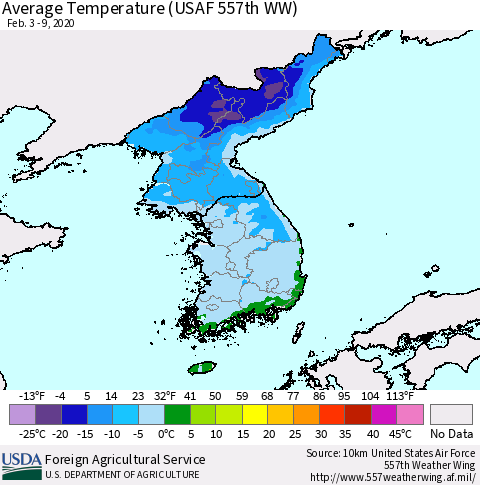 Korea Average Temperature (USAF 557th WW) Thematic Map For 2/3/2020 - 2/9/2020