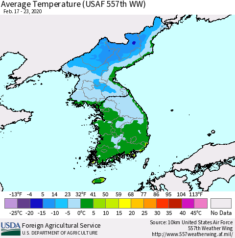 Korea Average Temperature (USAF 557th WW) Thematic Map For 2/17/2020 - 2/23/2020