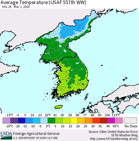Korea Average Temperature (USAF 557th WW) Thematic Map For 2/24/2020 - 3/1/2020