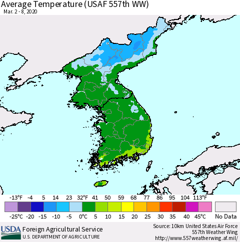 Korea Average Temperature (USAF 557th WW) Thematic Map For 3/2/2020 - 3/8/2020